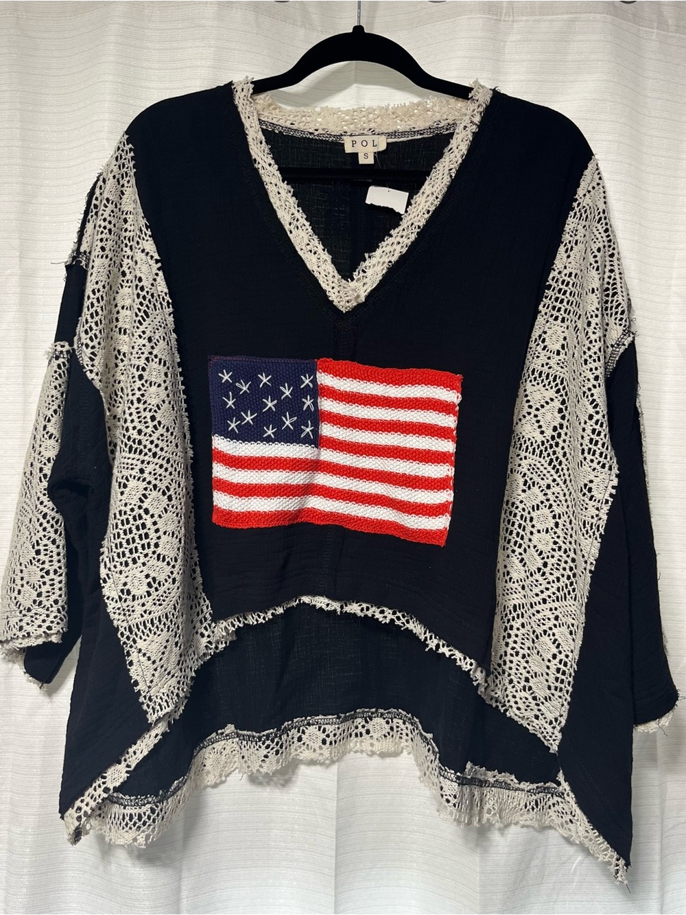 POL Black Knit V-Neck Top with Crocheted Cream Trim & Flag Patch NWT